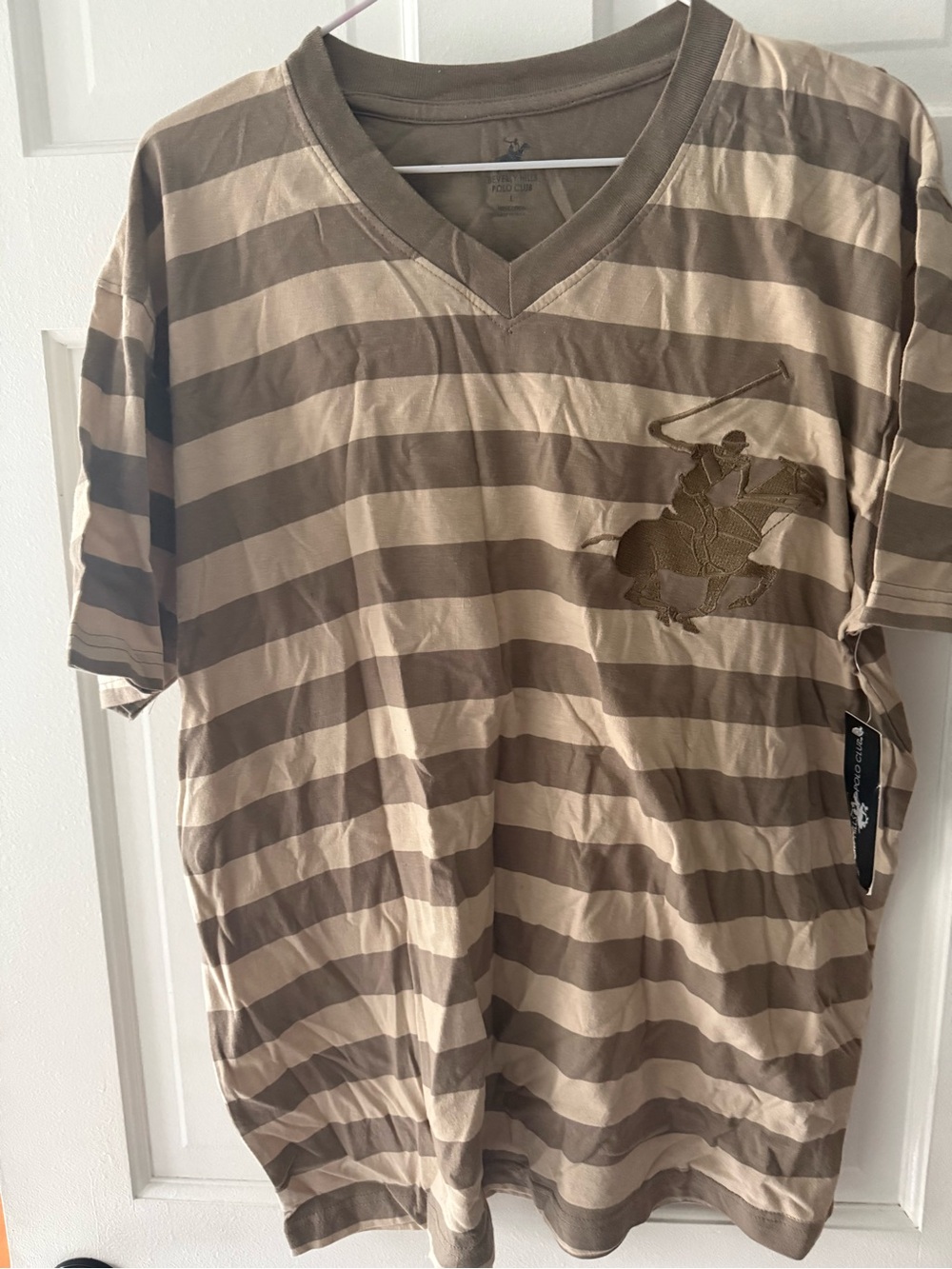 U.S. Polo Assn. Brown and Cream Striped V‑Neck Polo Player Tee